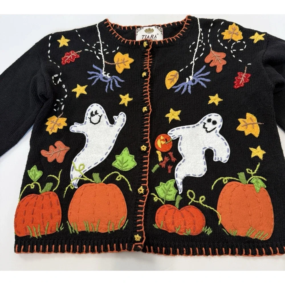 VTG Tiara International Ugly Sweater Cardigan Halloween Childs L  12/14 Buttons